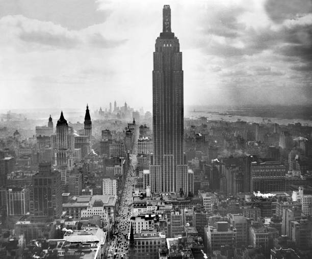Aerial view in the 1930s of the Empire State Building. Built in 1931 near Central Park the Empire State Building watches over Manhattan from its