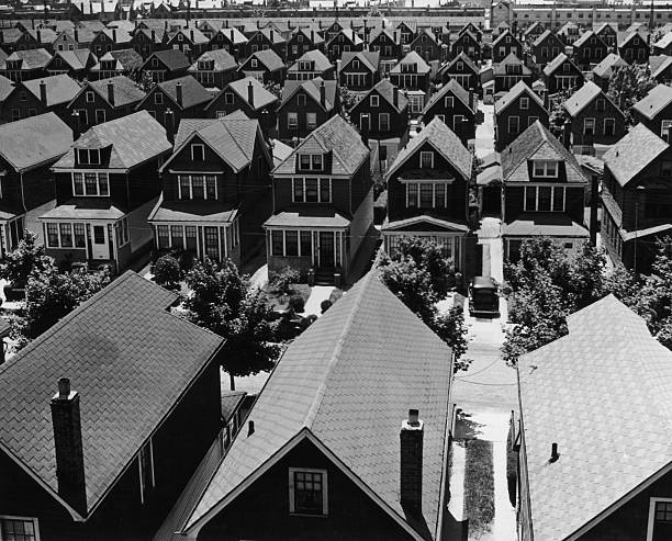 An aerial view of a suburban housing development in Rego Park Queens New York circa 1935.