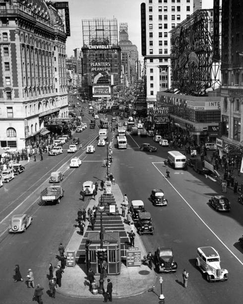 High-angle view of Times Square in Manhattan looking north from the intersection of Broadway and Seventh Avenue at 42rd Street New York New York