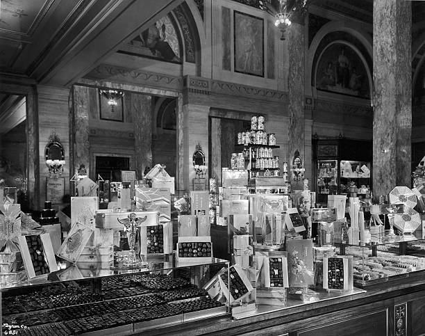 View of a display of different-shaped boxes of chocolates inside a department store on Fifth Avenue New York City.