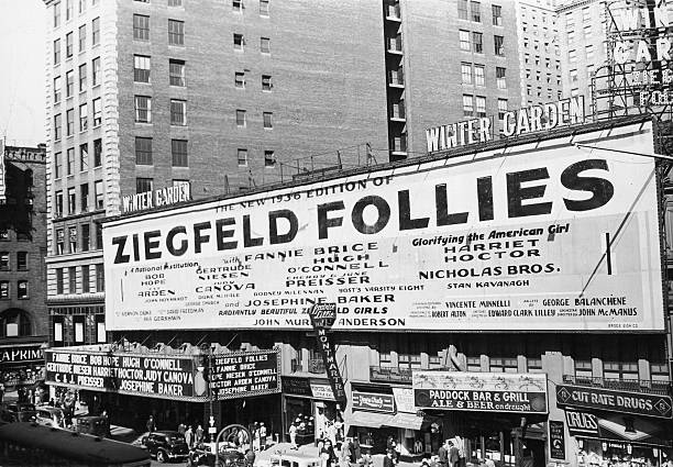 View of the marquee for the 1936 edition of the Ziegfeld Follies Winter Garden Theatre New York City. Comedians Fanny Brice and Bob Hope dancer