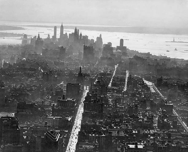 View of the skyline looking south from the Empire State Building New York 1930s.