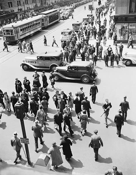 1930s NYC STREET PEOPLE PEDESTRIANS CROSSING INTERSECTION CAR TAXI TROLLEY 42nd STREET 5th AVENUE CROWD STOP LIGHT SIDEWALK