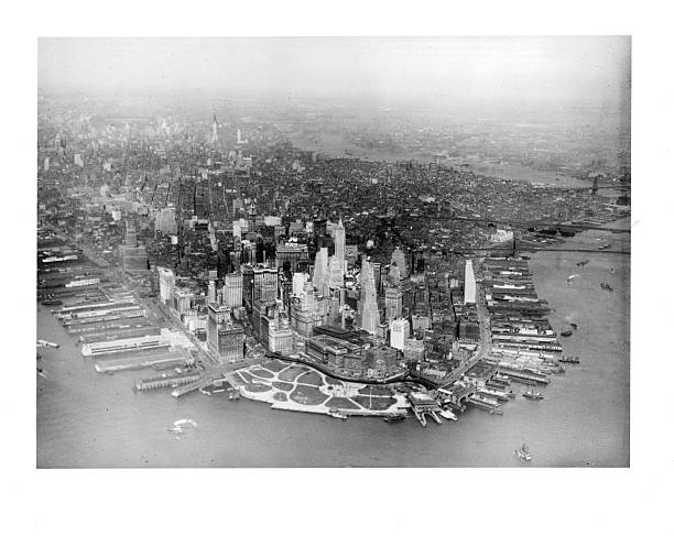 An aerial view of lower Manhattan in New York City New York. Circa 1930