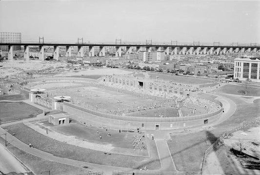 An overhead view from the Triborough Bridge of the Astoria Swimming Pool built as part of the New Deal New York City July 25 1936.