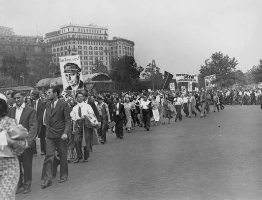 Anti-Nazi demonstrators march in Battery Park New York 23rd June 1934. Banners refer to the Anti-Nazi Federation and to the imprisoned leader of
