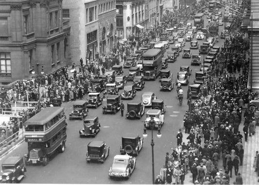 Elevated view of vehicular and pedestrian traffic along 5th Avenue on Easter Sunday New York New York April 21 1935.