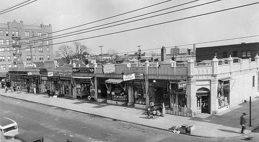 High-angle view of a row of storefronts in Jackson Heights Queens New York City.