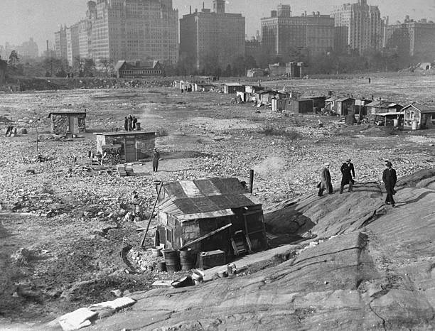 Hooverville in Central Park. A steady stream of vistors tour the small town built on the sight of the old reservoir by ex-soldiers.