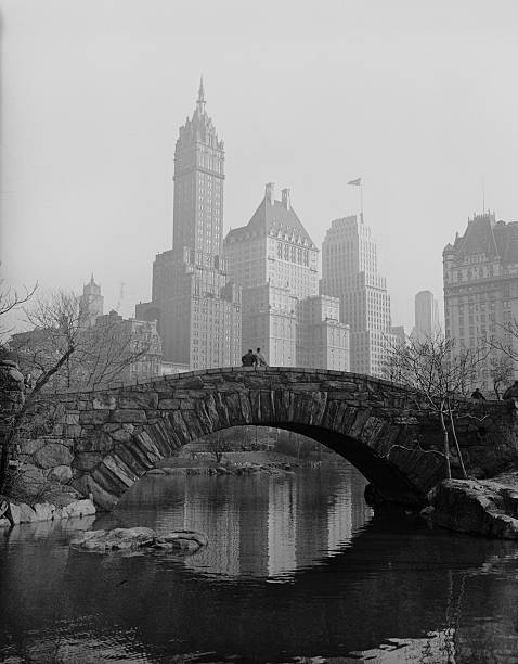 Mighty modern skyscrapers present a striking contrast to the simple rustic beauty of a spot in Central Park New York. The Sherry Netherlands Hotel
