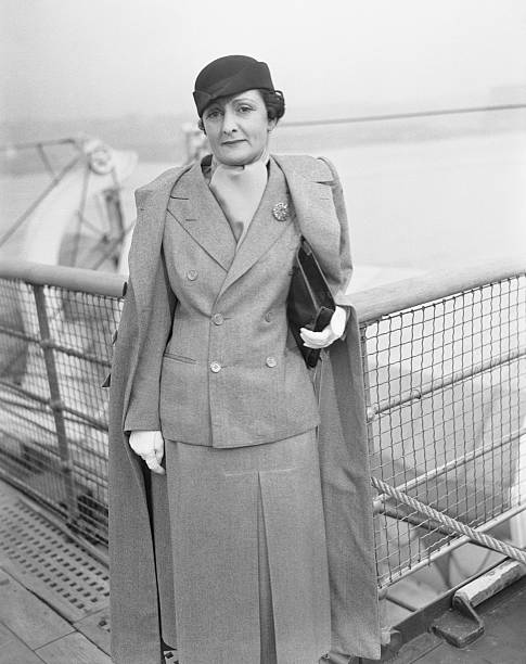 Mme. Mercedes Acosta is pictured aboard the S. S. Normandie upon arrival in New York City.