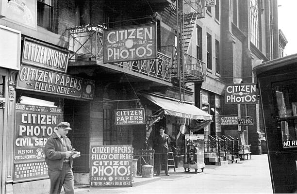 New York City street corner next to the federal building where the U.S. Department of Labor handles naturalization of immigrants in 1939.