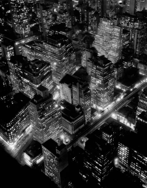 Nighttime view of New York City USA 1932.