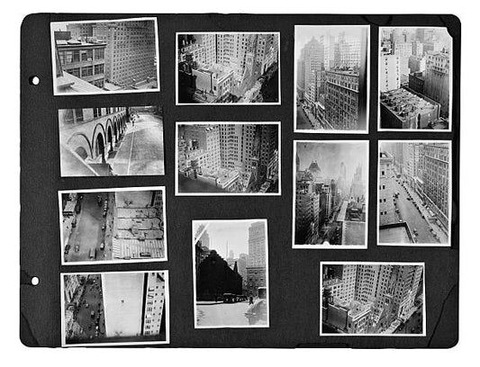 Page from a Berenice Abbott photo album depicting New York City New York circa 1930.