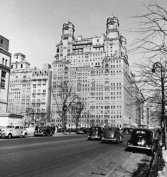 Photo shows the view north up Central Park West from in front of the Natural History Museum to the Beresford apartment building New York late