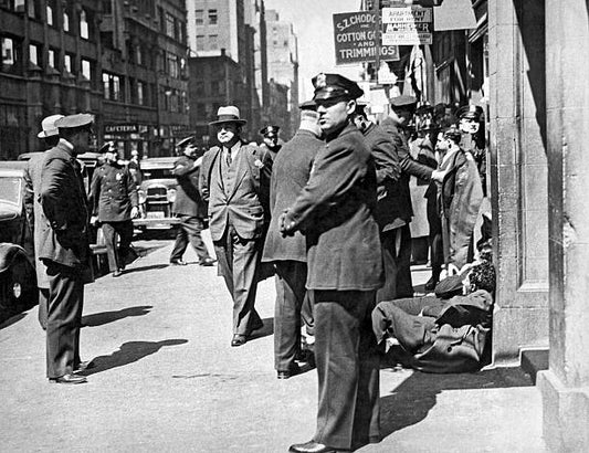 Policemen on the street after men armed with guns knives and lead pipes raided a meeting of the Needle Trade Workers on West 26th Street leaving