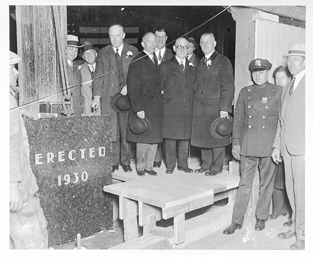 The cornerstone for the new Bloomingdale's building is shown here being laid. Left to right at the event are S. J. Bloomingdale Hiram Bloomingdale