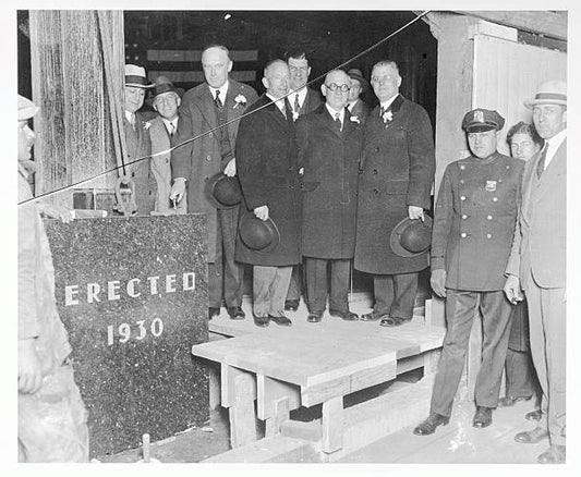 The cornerstone for the new Bloomingdale's building is shown here being laid. Left to right at the event are S. J. Bloomingdale Hiram Bloomingdale