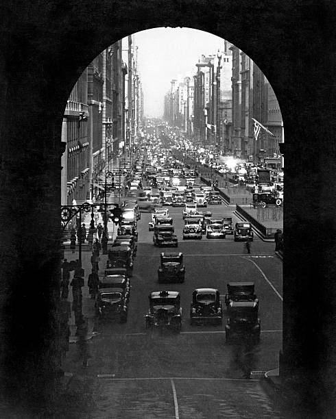 The dramatic archway entrance to Grand Central Station in Manhattan New York New York late 1920s or early 1930s. Photo looks north on Park Avenue.