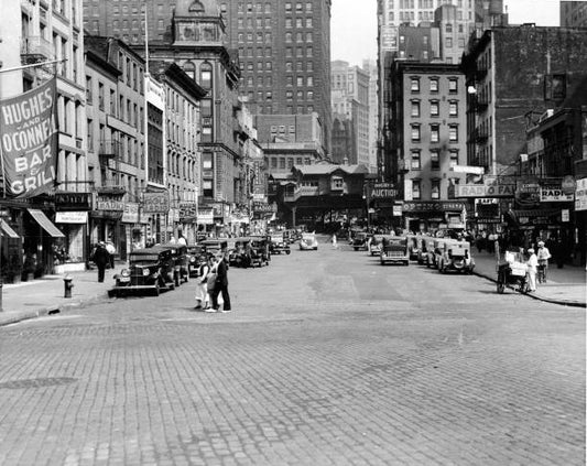 View east along Cortlandt Street across West Street New York New York circa 1930s. The entire area known as Radio Row for its heavy concentration