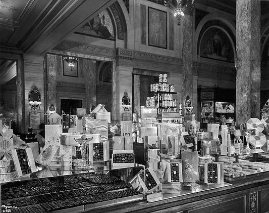 View of a display of different-shaped boxes of chocolates inside a department store on Fifth Avenue New York City.