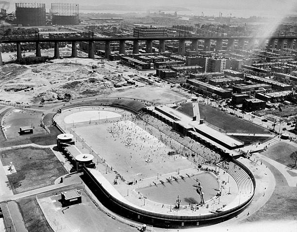 View of the new swimming pool in Astoria Queens. Photo taken from atop the Triborough Bridge.