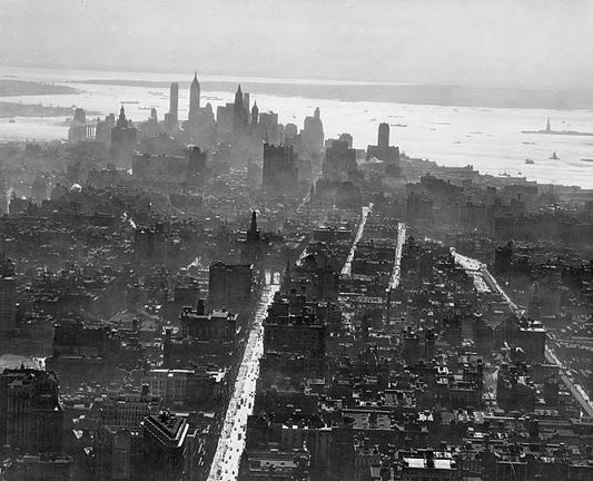 View of the skyline looking south from the Empire State Building New York 1930s.