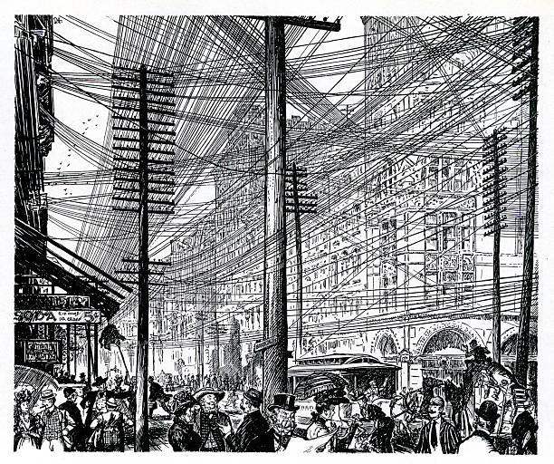 Vintage illustration of Broadway in New York City in 1890 with pedestrians under a sky filled with electrical wires or cables. Lithograph 1936.