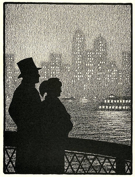 Vintage illustration of a young couple in silhouette looking at the New York City skyline from the deck of a ferry boat; etching 1931.